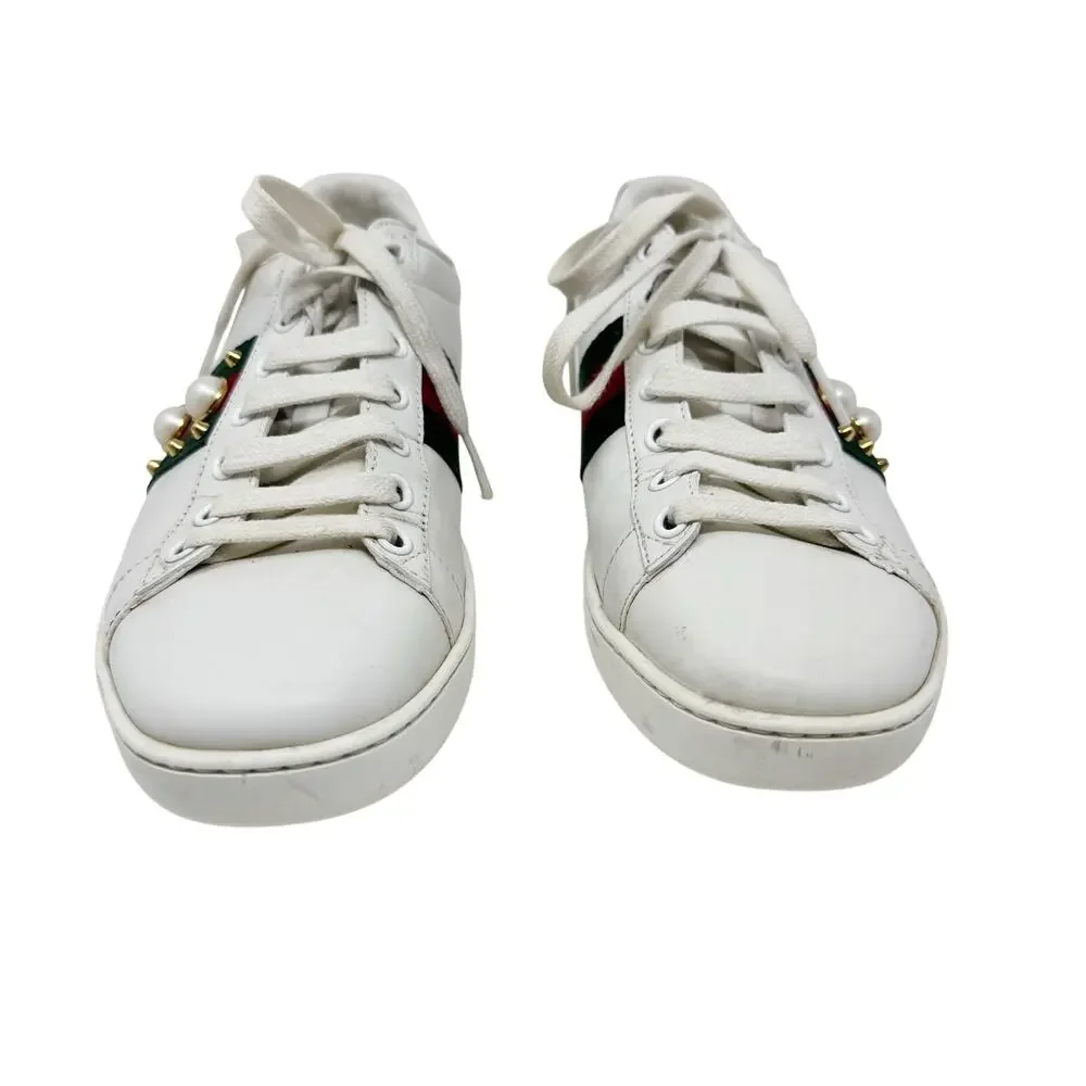 Gucci Ace Sneakers 37 White Leather Pearl Stud Web Stripe Spiked Heel - Picture 2 of 10